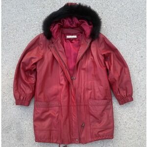 Excellent Red Leather Parka Coat With Black Faux Fur Hood Size Medium Women's